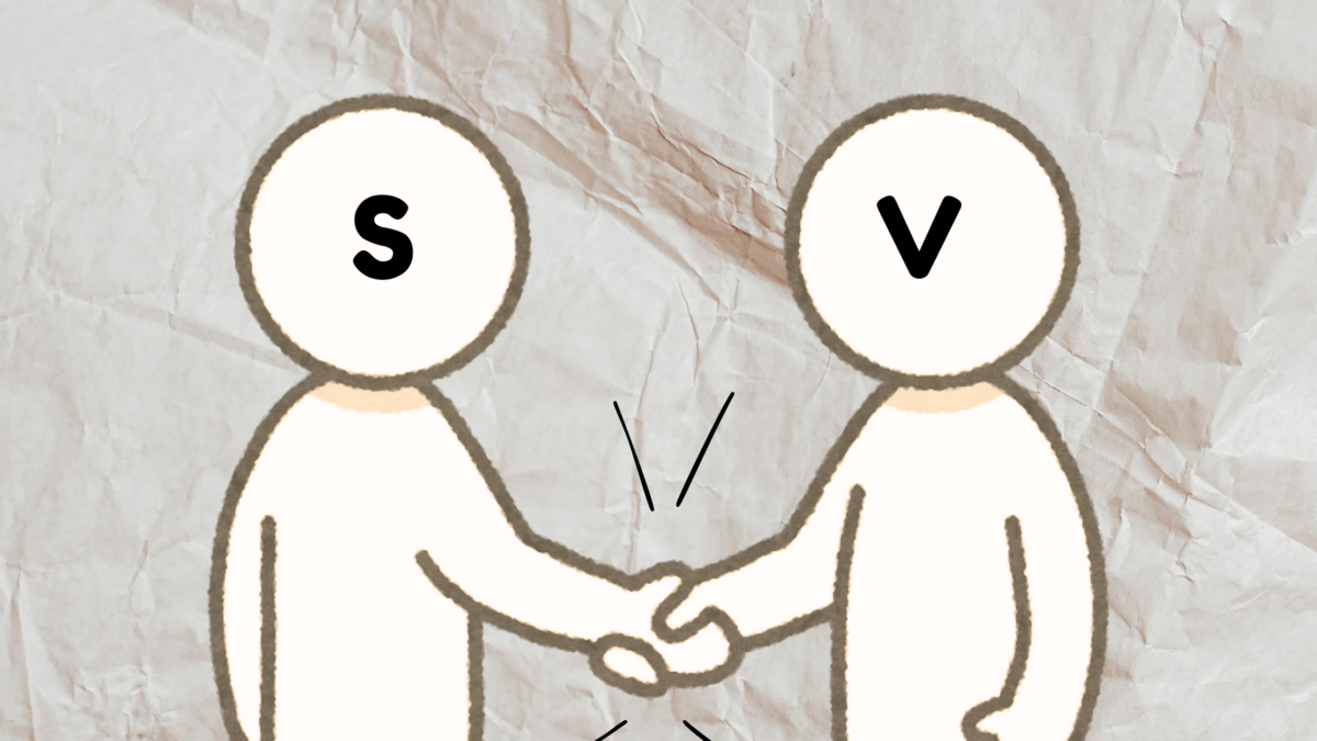 two characters labeled as S as V shaking hands