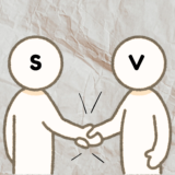 two characters labeled as S as V shaking hands