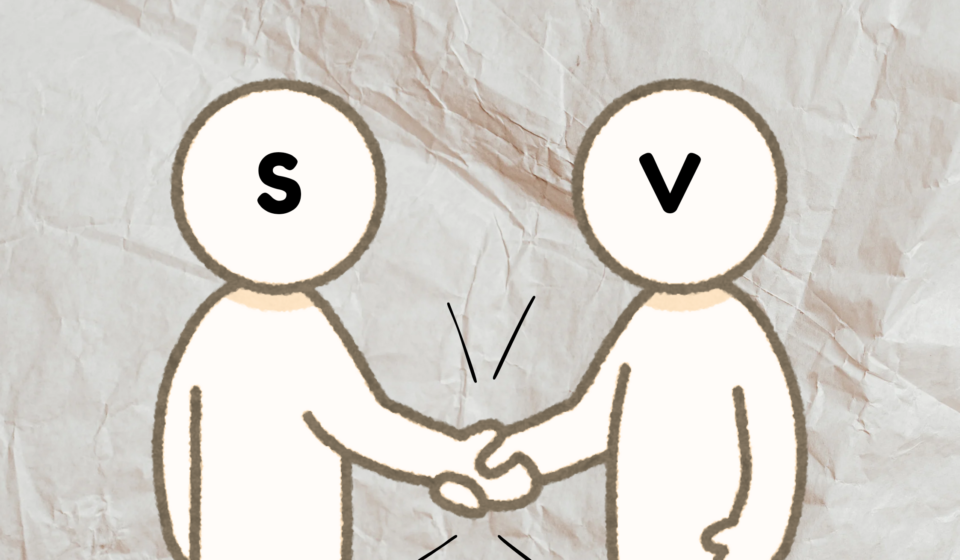 two characters labeled as S as V shaking hands