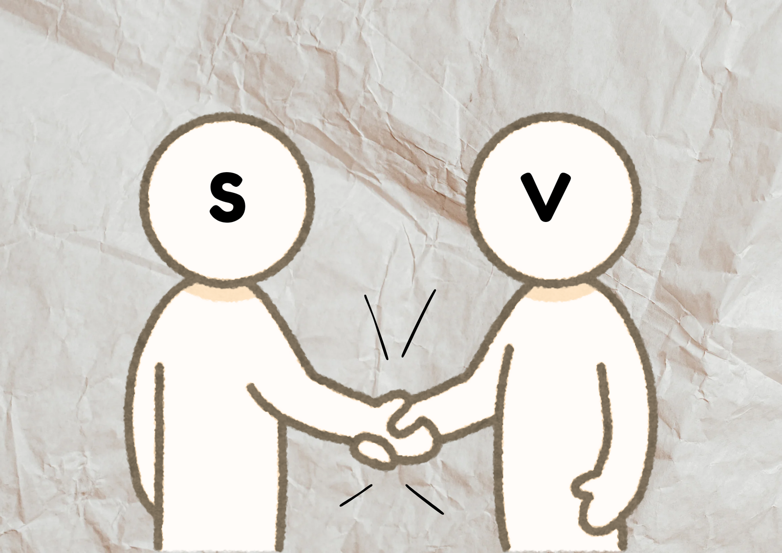 two characters labeled as S as V shaking hands